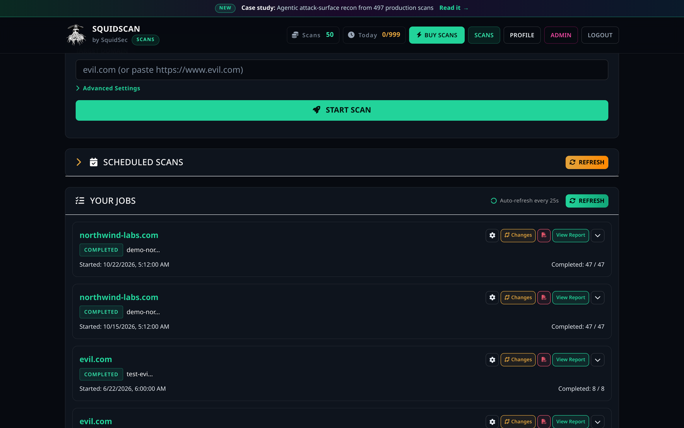 SquidScan dashboard with a target domain field and a list of completed jobs
