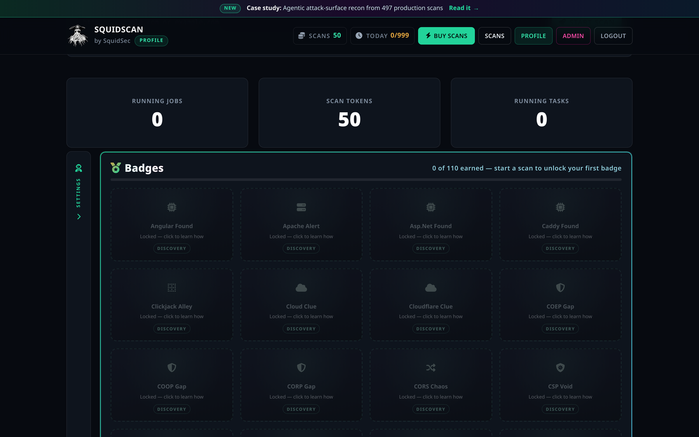 Operator profile showing badge collection and progress toward achievements